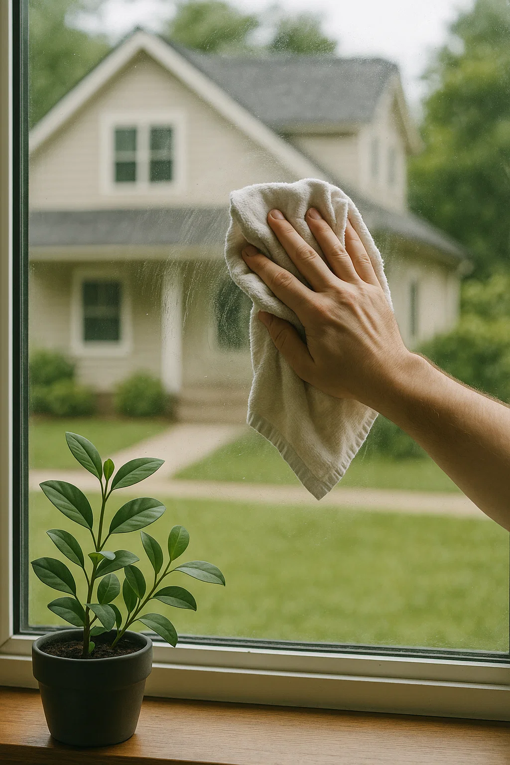 Professional window cleaning in Central Florida — technician cleaning large exterior window
